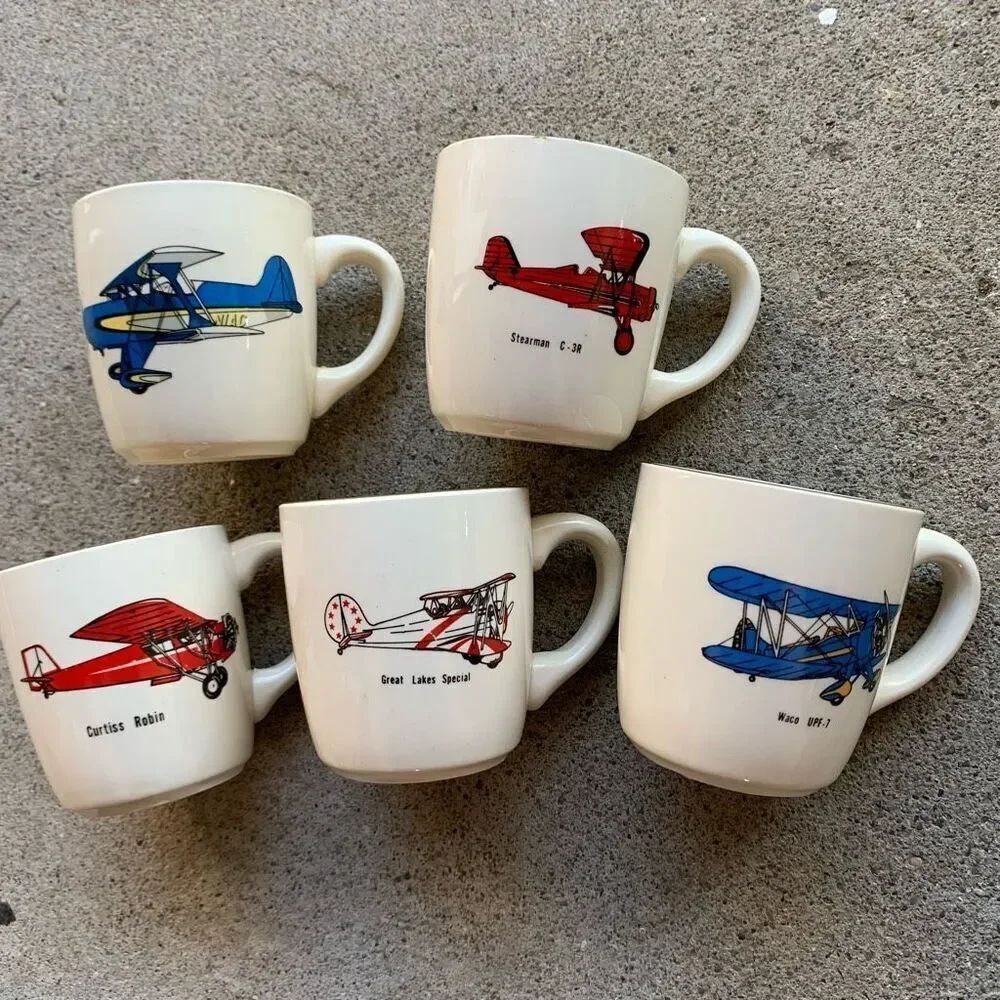 Set Of 5 Airplane Aviation Vintage Ceramic Mugs USA